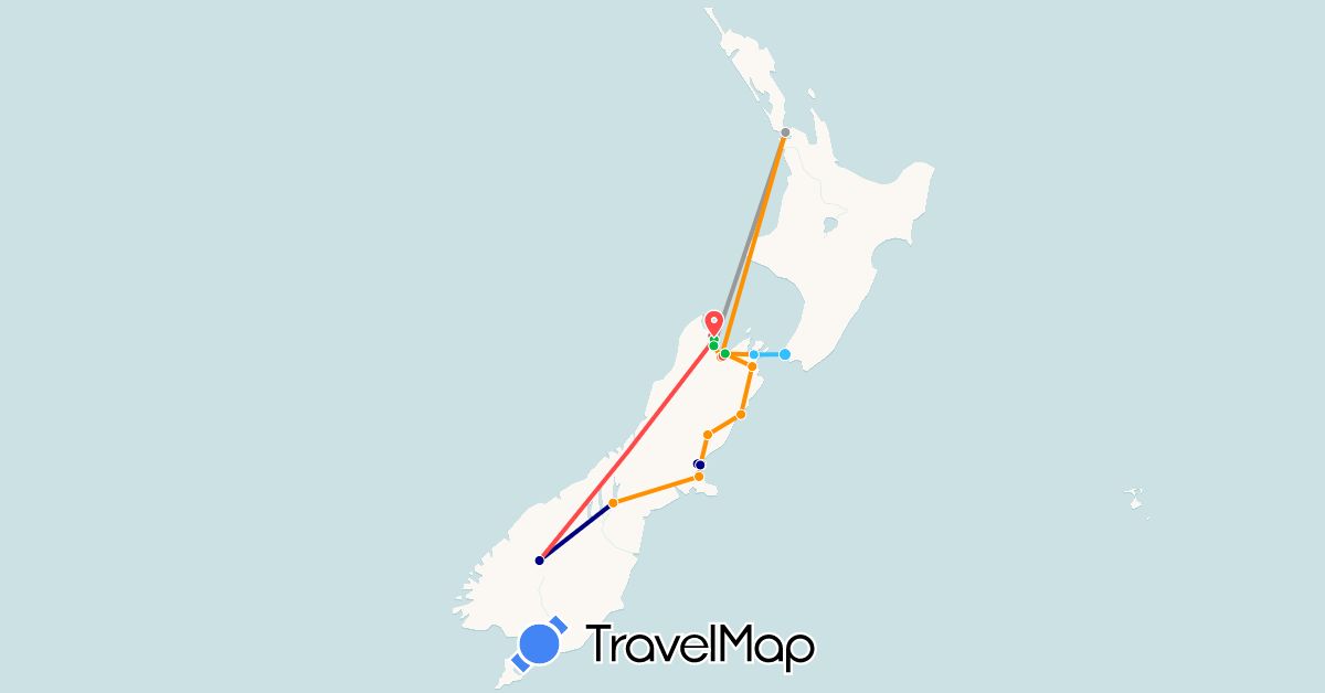 TravelMap itinerary: driving, bus, plane, hiking, boat, hitchhiking in New Zealand (Oceania)